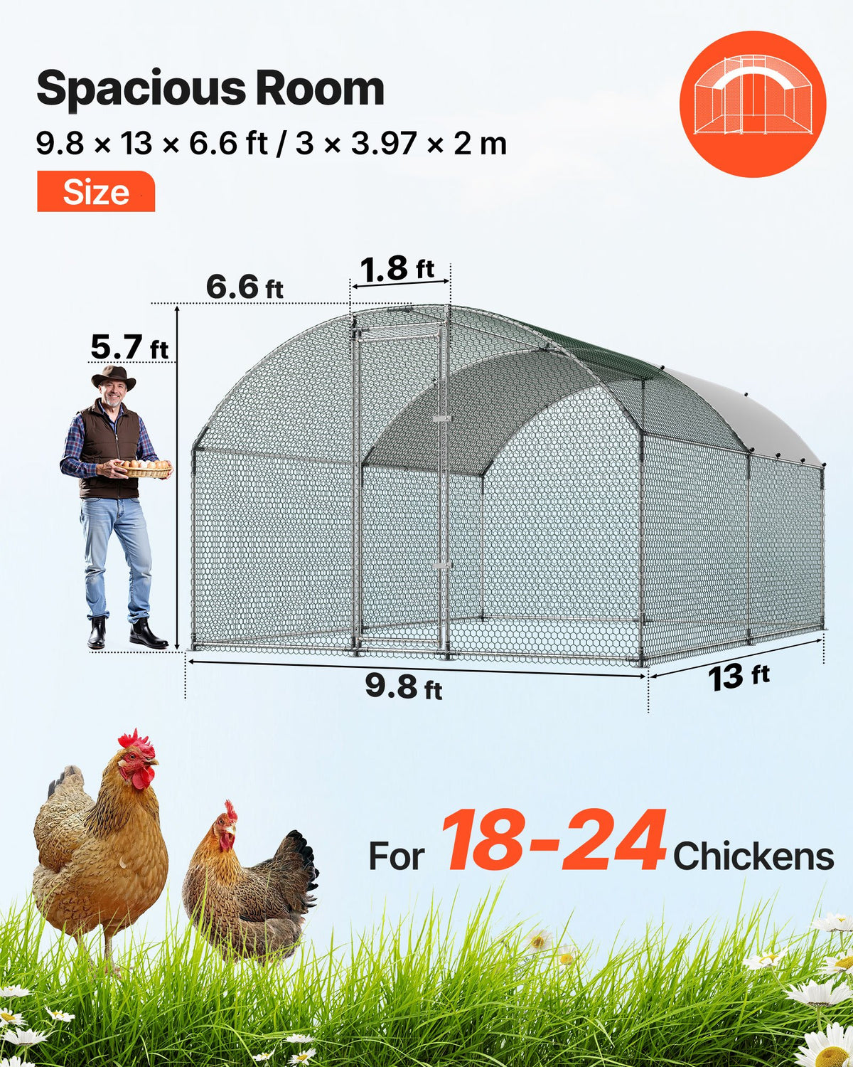 Large Metal Chicken Coop 3 x 3.97 x 2 m Walk-in Chicken Run House, Doom Roof Hen House Enclosure with Cover and Security Lock, Outdoor Duck Rabbit Cage Poultry Pen for Backyard, Farm, Yard Use