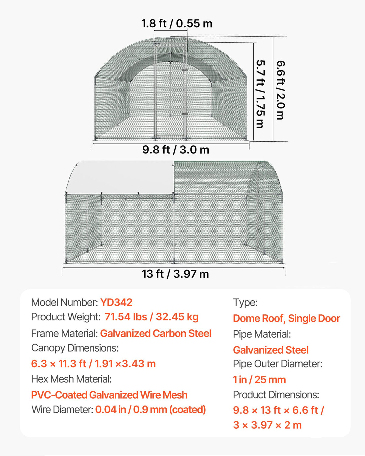 Large Metal Chicken Coop 3 x 3.97 x 2 m Walk-in Chicken Run House, Doom Roof Hen House Enclosure with Cover and Security Lock, Outdoor Duck Rabbit Cage Poultry Pen for Backyard, Farm, Yard Use