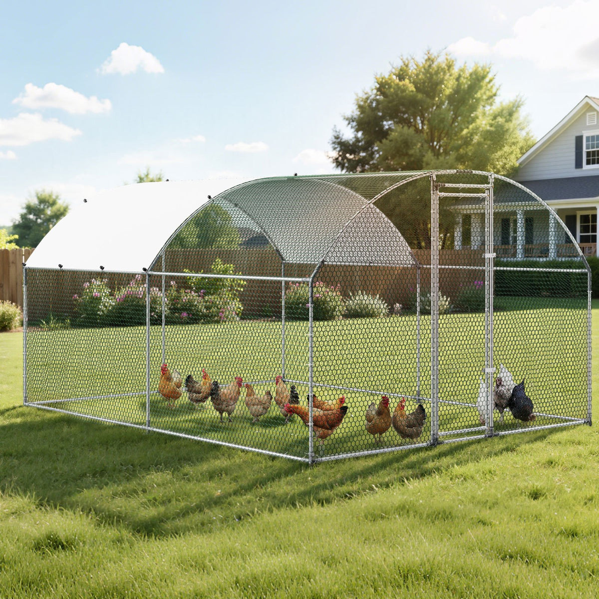 Large Metal Chicken Coop 3 x 3.97 x 2 m Walk-in Chicken Run House, Doom Roof Hen House Enclosure with Cover and Security Lock, Outdoor Duck Rabbit Cage Poultry Pen for Backyard, Farm, Yard Use