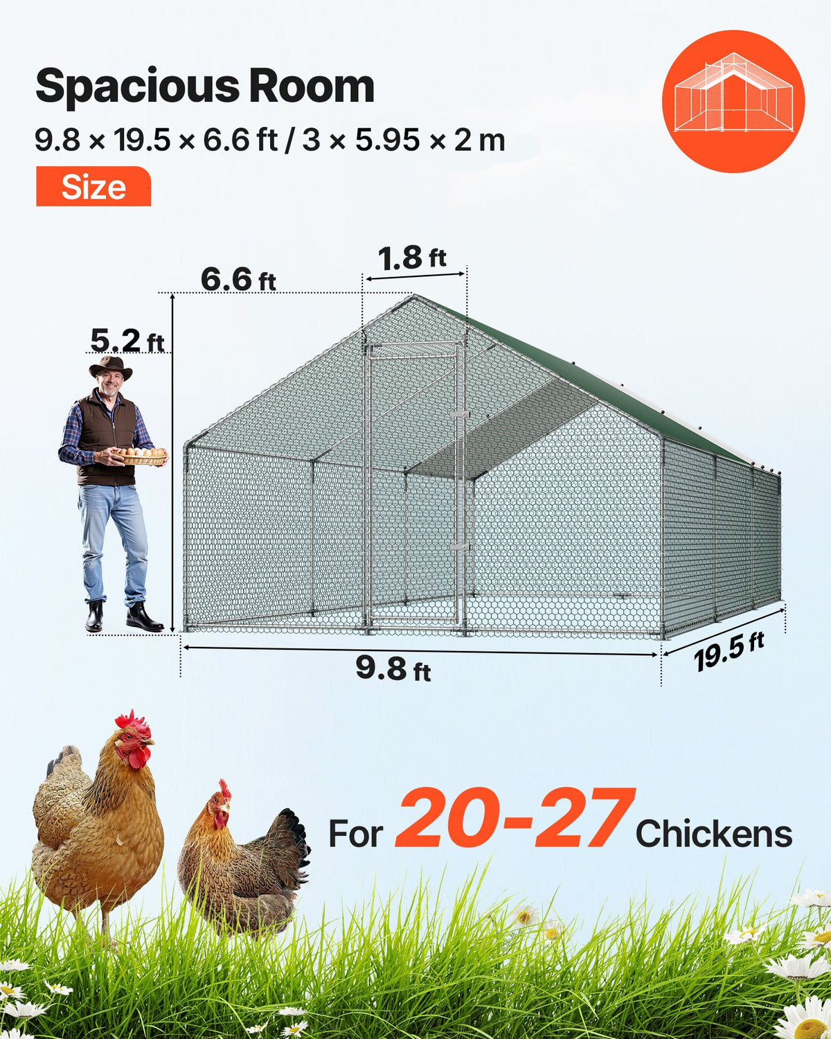 Large Metal Chicken Coop 3 x 5.95 x 2 m Walk-in Chicken Run House, Spire Roof Hen House Enclosure with Cover and Security Lock, Outdoor Duck Rabbit Cage Poultry Pen for Backyard, Farm, Yard
