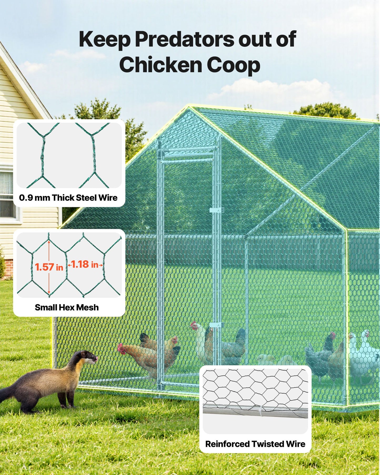 Large Metal Chicken Coop 3 x 5.95 x 2 m Walk-in Chicken Run House, Spire Roof Hen House Enclosure with Cover and Security Lock, Outdoor Duck Rabbit Cage Poultry Pen for Backyard, Farm, Yard