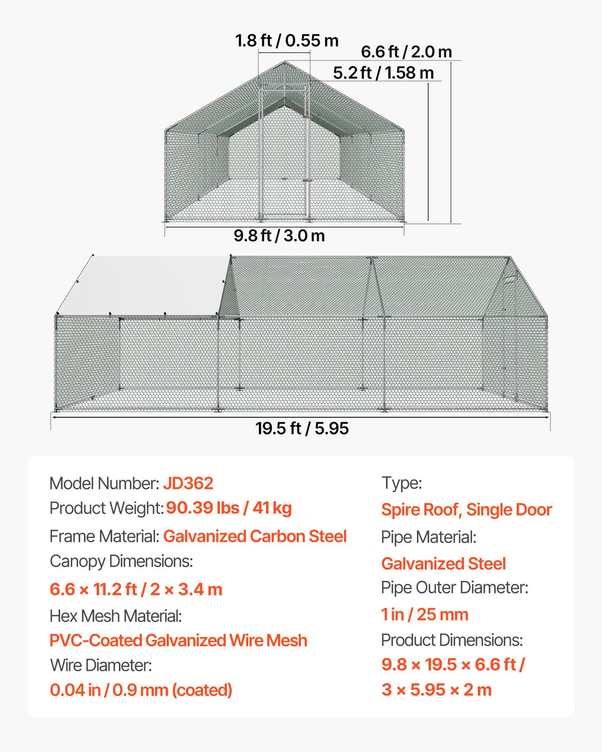 Large Metal Chicken Coop 3 x 5.95 x 2 m Walk-in Chicken Run House, Spire Roof Hen House Enclosure with Cover and Security Lock, Outdoor Duck Rabbit Cage Poultry Pen for Backyard, Farm, Yard