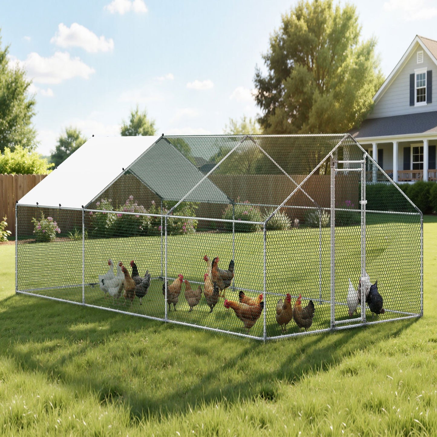 Large Metal Chicken Coop 3 x 5.95 x 2 m Walk-in Chicken Run House, Spire Roof Hen House Enclosure with Cover and Security Lock, Outdoor Duck Rabbit Cage Poultry Pen for Backyard, Farm, Yard