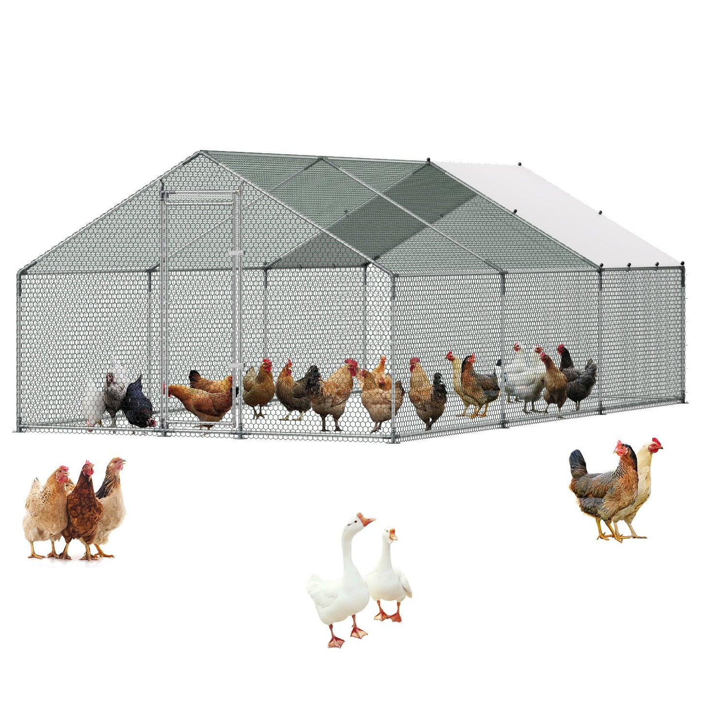Large Metal Chicken Coop 3 x 5.95 x 2 m Walk-in Chicken Run House, Spire Roof Hen House Enclosure with Cover and Security Lock, Outdoor Duck Rabbit Cage Poultry Pen for Backyard, Farm, Yard