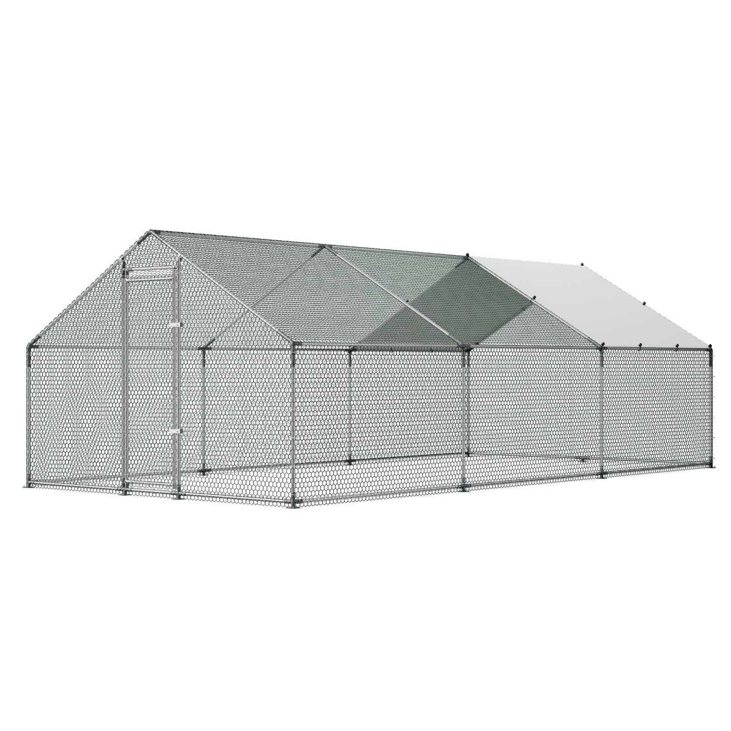 Large Metal Chicken Coop 3 x 5.95 x 2 m Walk-in Chicken Run House, Spire Roof Hen House Enclosure with Cover and Security Lock, Outdoor Duck Rabbit Cage Poultry Pen for Backyard, Farm, Yard