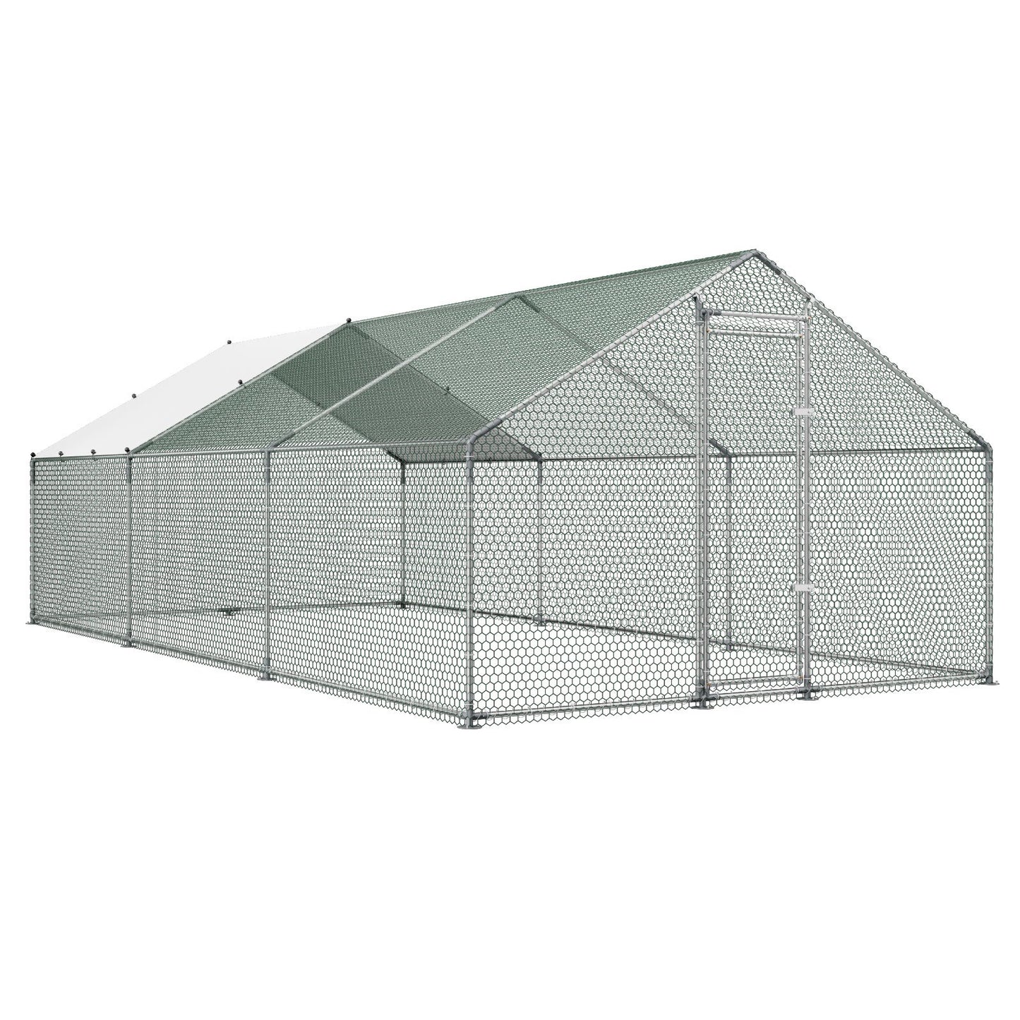 Large Metal Chicken Coop 3 x 5.95 x 2 m Walk-in Chicken Run House, Spire Roof Hen House Enclosure with Cover and Security Lock, Outdoor Duck Rabbit Cage Poultry Pen for Backyard, Farm, Yard