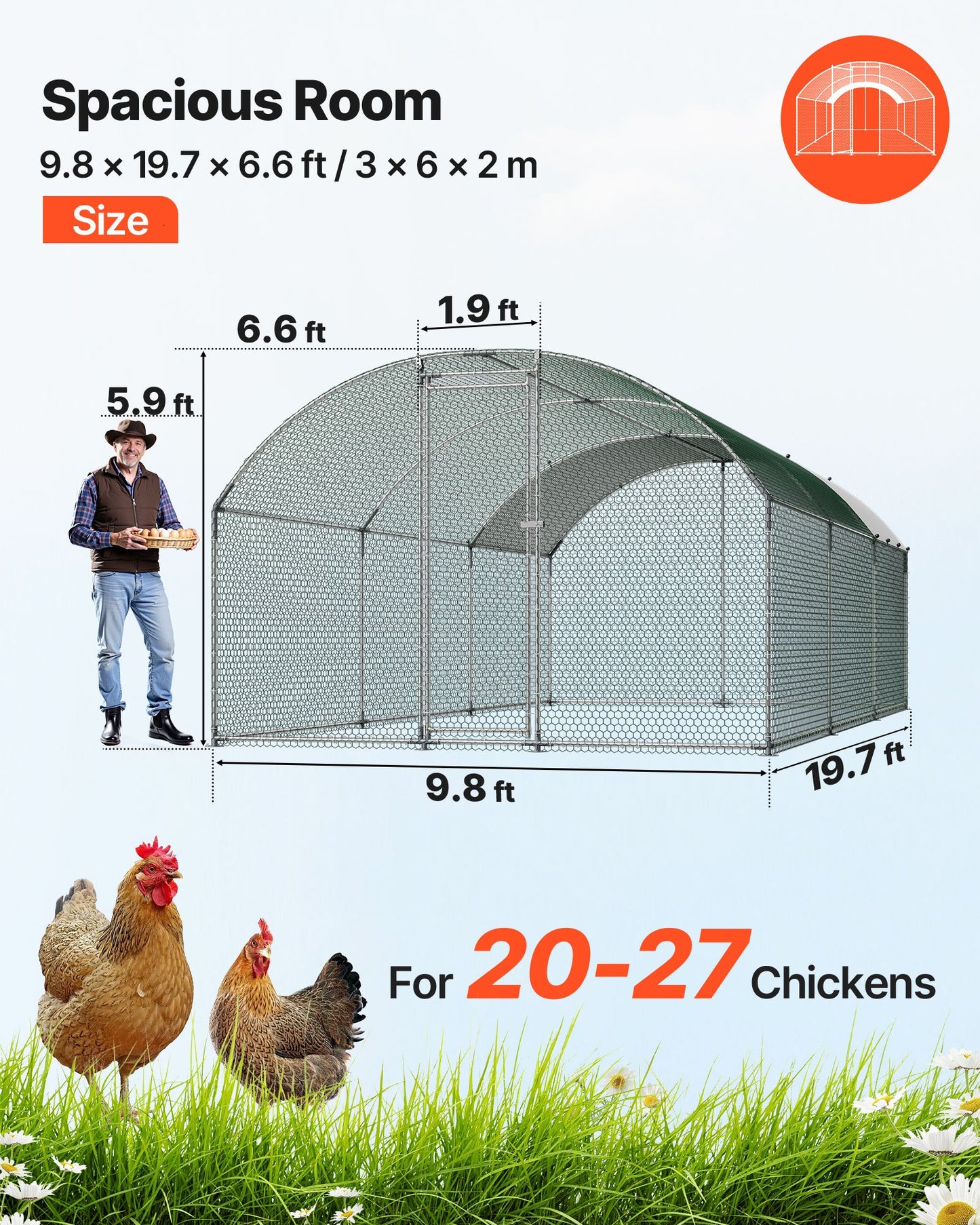 Metal Chicken Coop, 9.8x19.3x6.5 ft Large Walk-in Chicken Runs with Cover, Doom Roof Hen House Enclosure with Security Lock, Outdoor Duck Rabbit Cage Poultry Pen for Backyard, Farm, Yard