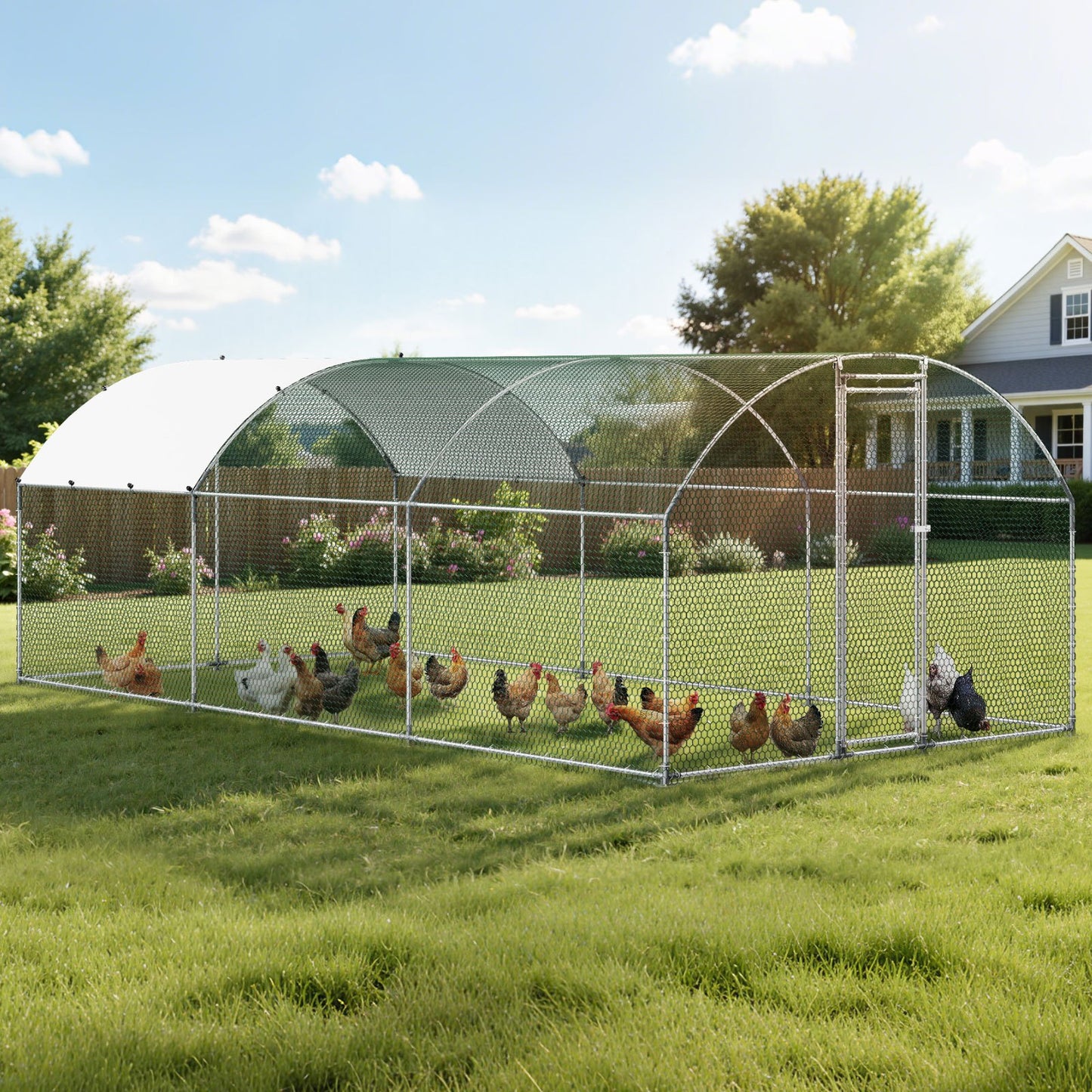 Metal Chicken Coop, 9.8x19.3x6.5 ft Large Walk-in Chicken Runs with Cover, Doom Roof Hen House Enclosure with Security Lock, Outdoor Duck Rabbit Cage Poultry Pen for Backyard, Farm, Yard