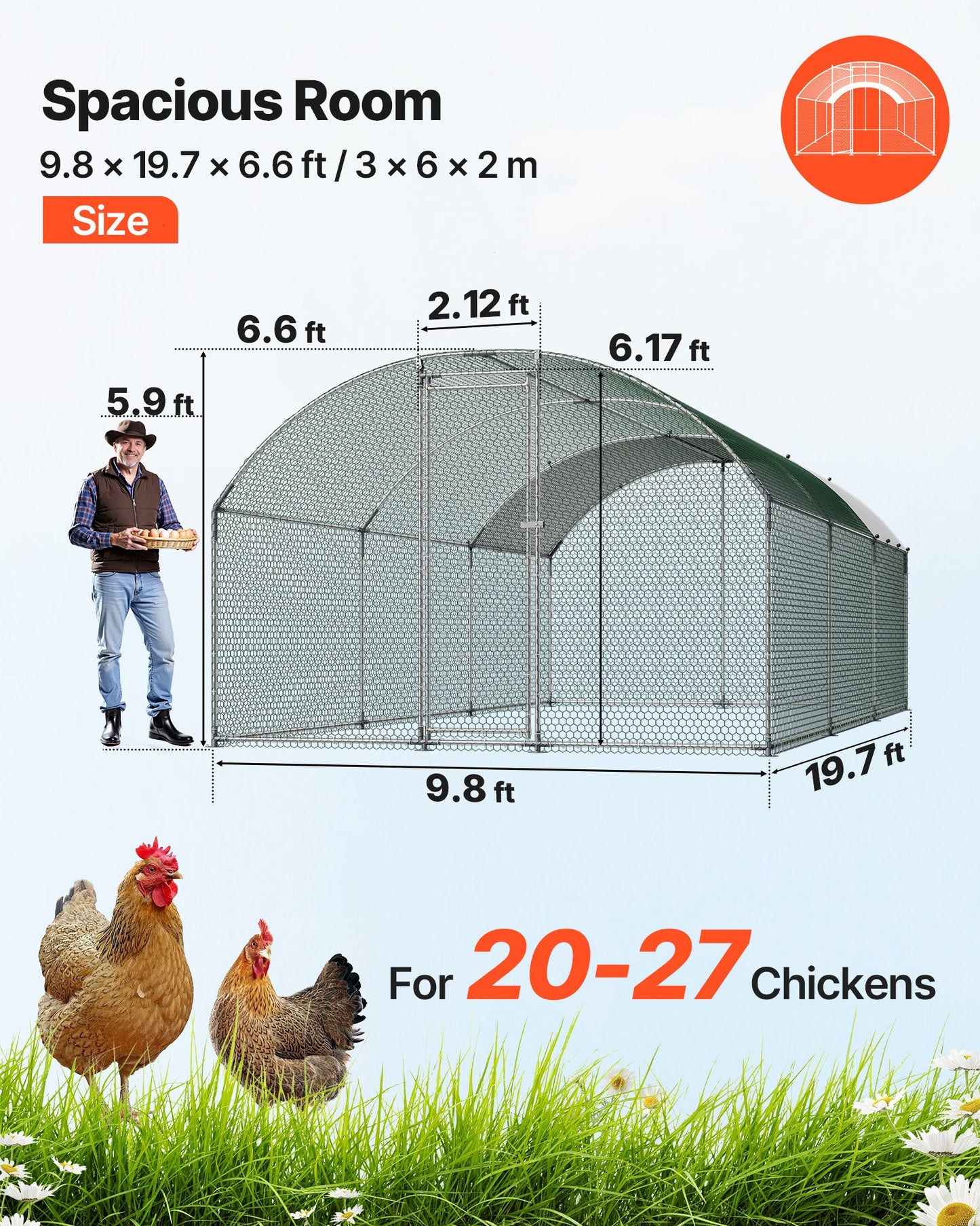 Large Metal Chicken Coop, 3 x 6 x 2 m, Walk-in Chicken Runs with Waterproof Cover, Dome Roof Hen House Enclosure with Lock, Outdoor Duck Rabbit Cage Poultry Pen for Backyard, Farm, Yard Use
