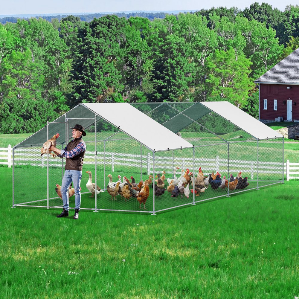 Metal Chicken Coop 9.8x26.2x6.5 ft Walk-in Chicken Run with Cover Spire Roof