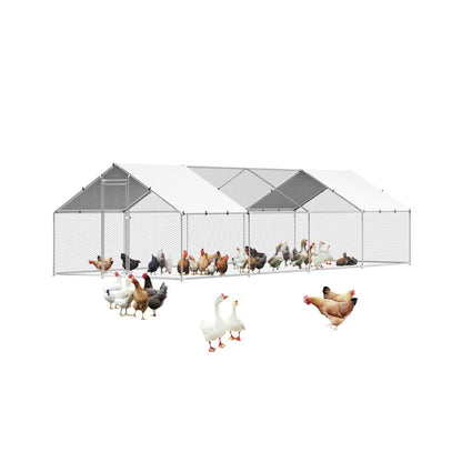 Metal Chicken Coop 9.8x26.2x6.5 ft Walk-in Chicken Run with Cover Spire Roof