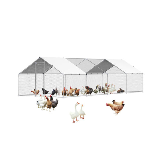 Metal Chicken Coop 9.8x26.2x6.5 ft Walk-in Chicken Run with Cover Spire Roof