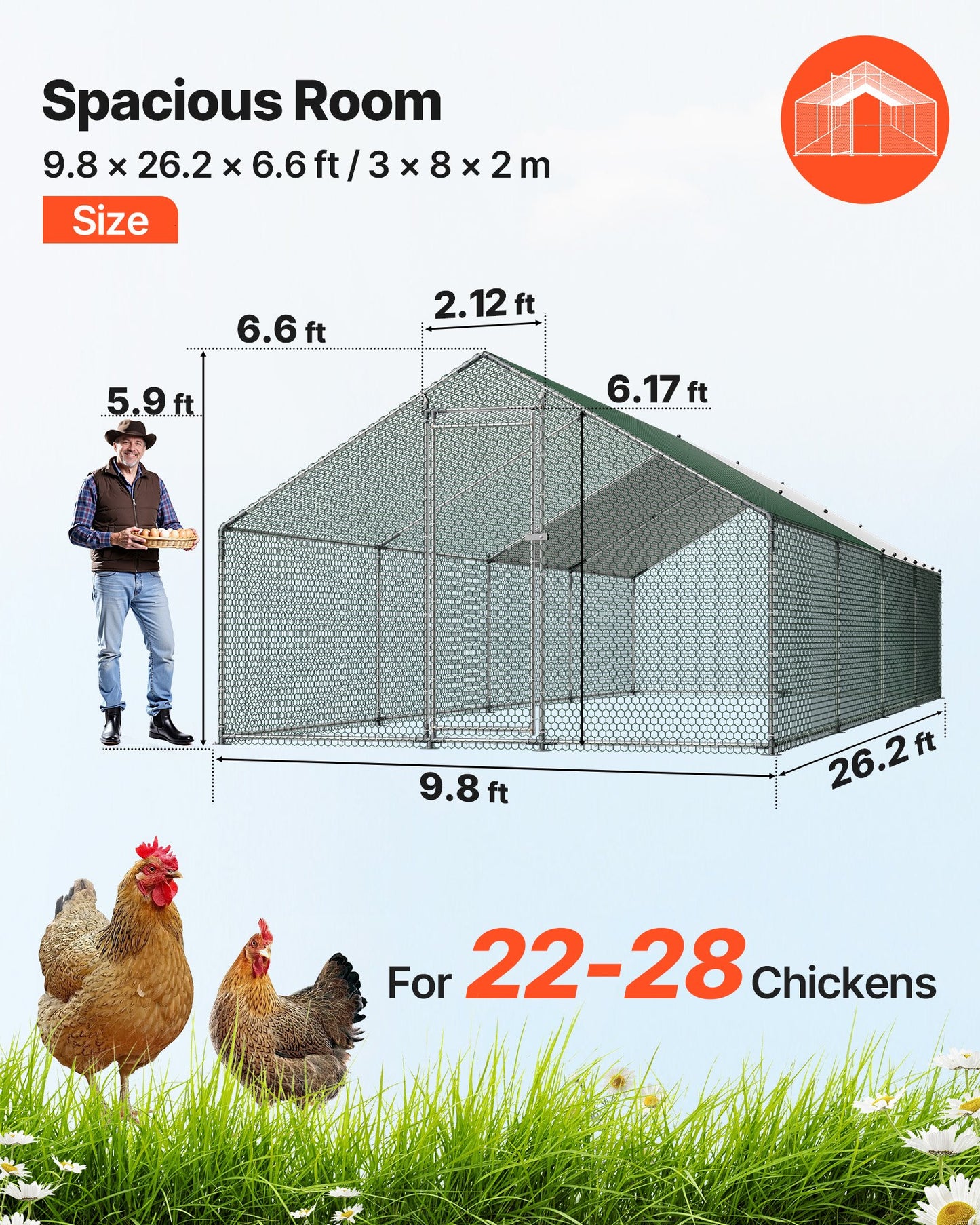 Large Metal Chicken Coop, 3 x 8 x 2 m, Walk-in Chicken Runs with Waterproof Cover, Spire Roof Hen House Enclosure with Lock, Outdoor Duck Rabbit Cage Poultry Pen for Backyard, Farm, Yard Use