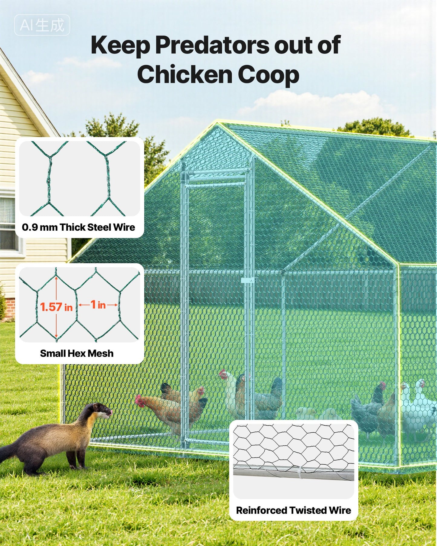 Large Metal Chicken Coop, 3 x 8 x 2 m, Walk-in Chicken Runs with Waterproof Cover, Spire Roof Hen House Enclosure with Lock, Outdoor Duck Rabbit Cage Poultry Pen for Backyard, Farm, Yard Use