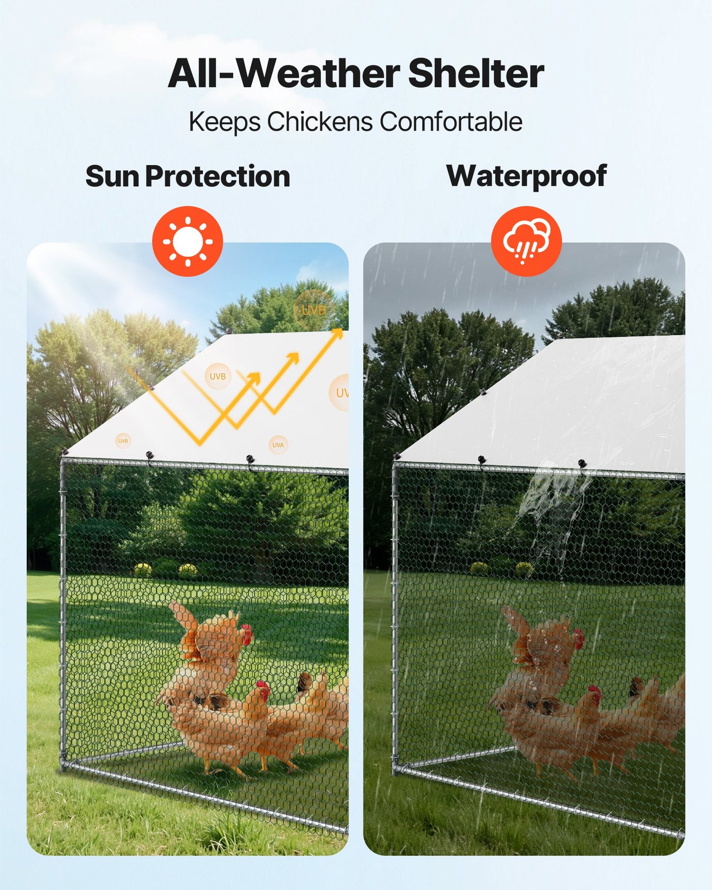 Large Metal Chicken Coop, 3 x 8 x 2 m, Walk-in Chicken Runs with Waterproof Cover, Spire Roof Hen House Enclosure with Lock, Outdoor Duck Rabbit Cage Poultry Pen for Backyard, Farm, Yard Use