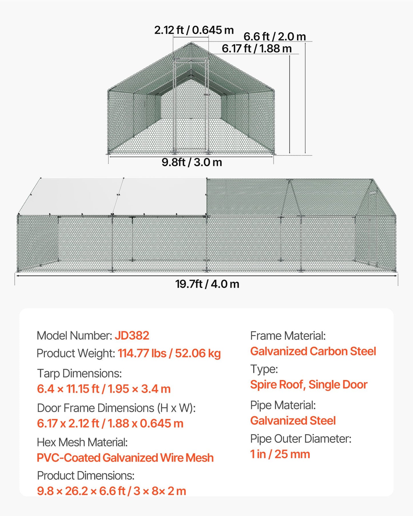 Large Metal Chicken Coop, 3 x 8 x 2 m, Walk-in Chicken Runs with Waterproof Cover, Spire Roof Hen House Enclosure with Lock, Outdoor Duck Rabbit Cage Poultry Pen for Backyard, Farm, Yard Use