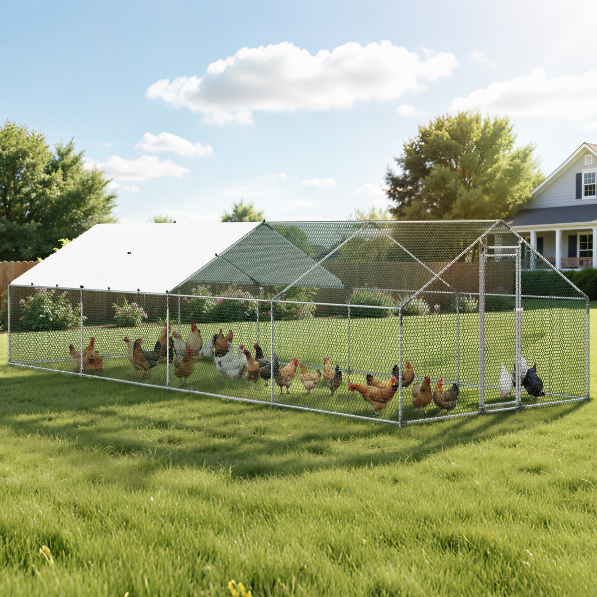 Large Metal Chicken Coop, 3 x 8 x 2 m, Walk-in Chicken Runs with Waterproof Cover, Spire Roof Hen House Enclosure with Lock, Outdoor Duck Rabbit Cage Poultry Pen for Backyard, Farm, Yard Use