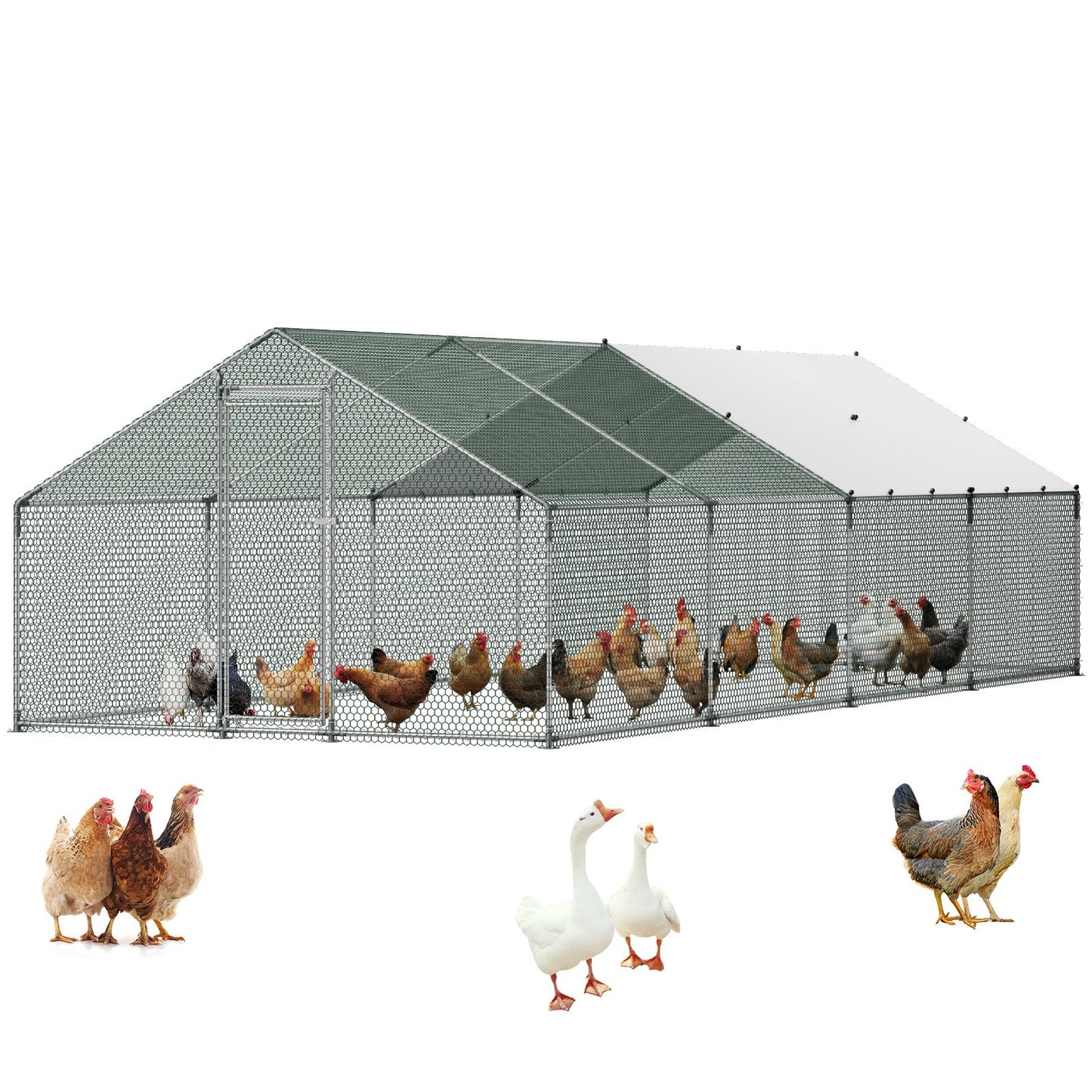 Large Metal Chicken Coop, 3 x 8 x 2 m, Walk-in Chicken Runs with Waterproof Cover, Spire Roof Hen House Enclosure with Lock, Outdoor Duck Rabbit Cage Poultry Pen for Backyard, Farm, Yard Use