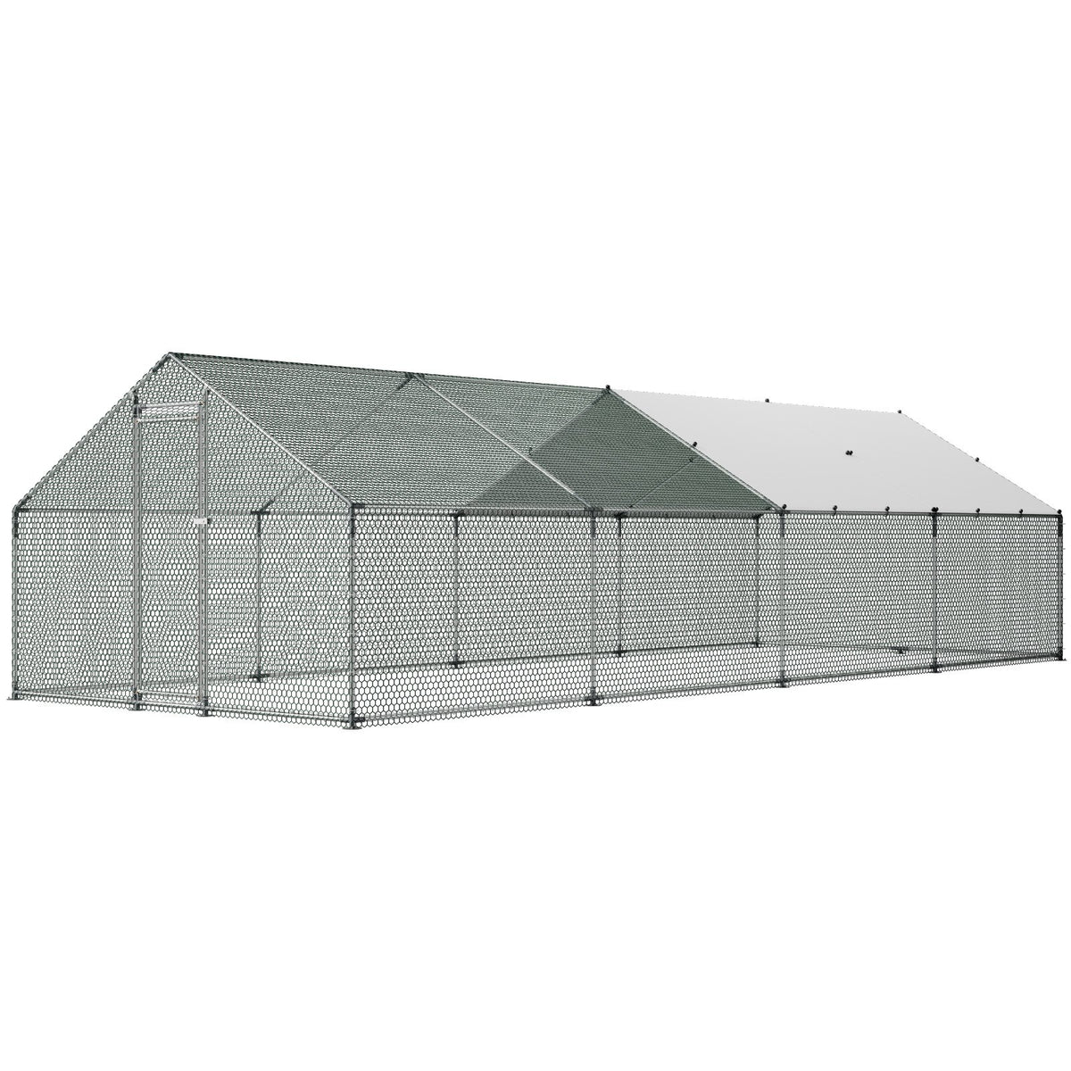 Large Metal Chicken Coop, 3 x 8 x 2 m, Walk-in Chicken Runs with Waterproof Cover, Spire Roof Hen House Enclosure with Lock, Outdoor Duck Rabbit Cage Poultry Pen for Backyard, Farm, Yard Use