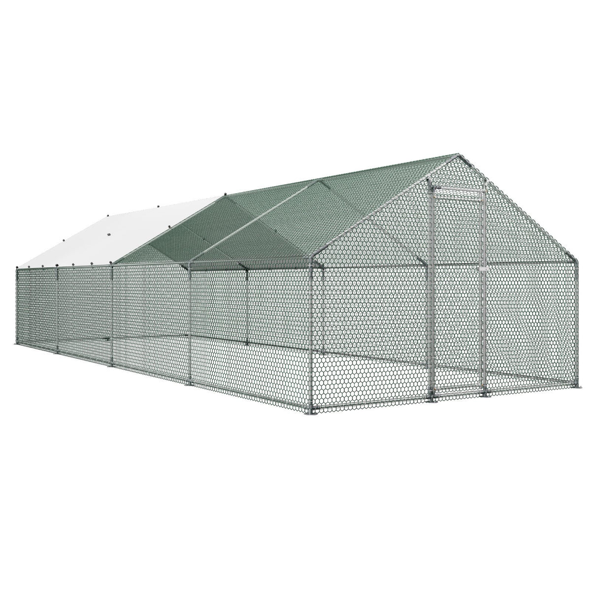 Large Metal Chicken Coop, 3 x 8 x 2 m, Walk-in Chicken Runs with Waterproof Cover, Spire Roof Hen House Enclosure with Lock, Outdoor Duck Rabbit Cage Poultry Pen for Backyard, Farm, Yard Use