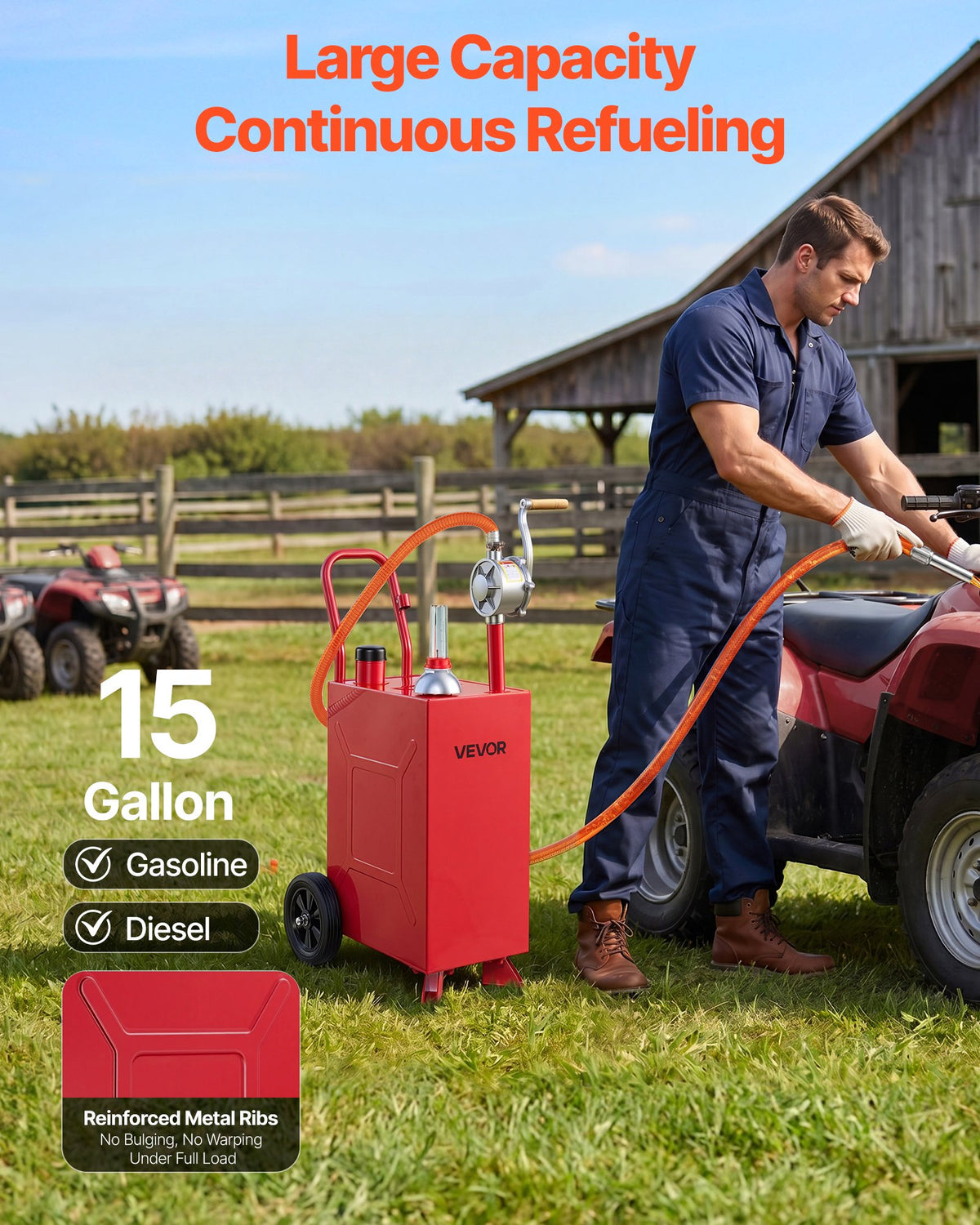 56.8L Fuel Gas Caddy, Carbon Steel, Portable Fuel Transfer Storage Tank with Manual Pump & Rolling Wheels, Gasoline Diesel Can Container, for Cars, Lawn Mowers, ATVs, Boats, Motorcycles, Red