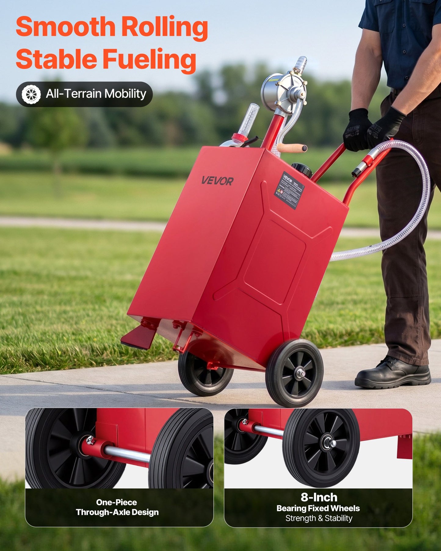 56.8L Fuel Gas Caddy, Carbon Steel, Portable Fuel Transfer Storage Tank with Manual Pump & Rolling Wheels, Gasoline Diesel Can Container, for Cars, Lawn Mowers, ATVs, Boats, Motorcycles, Red