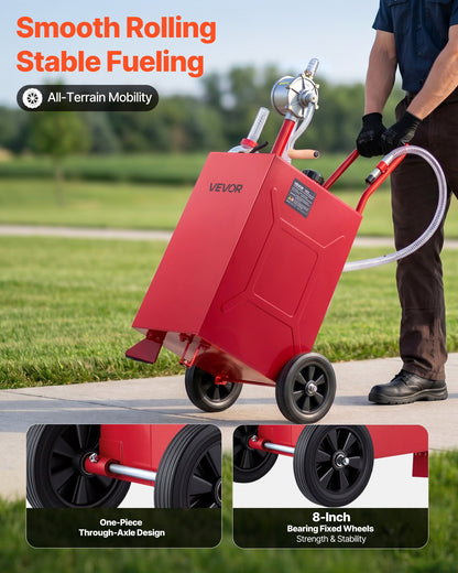 56.8L Fuel Gas Caddy, Carbon Steel, Portable Fuel Transfer Storage Tank with Manual Pump & Rolling Wheels, Gasoline Diesel Can Container, for Cars, Lawn Mowers, ATVs, Boats, Motorcycles, Red