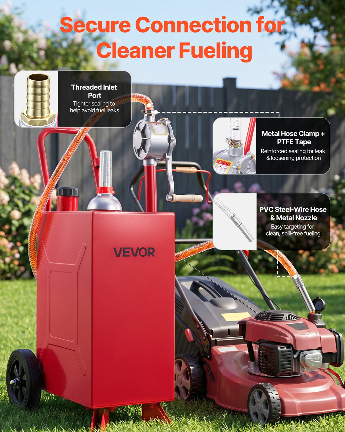 56.8L Fuel Gas Caddy, Carbon Steel, Portable Fuel Transfer Storage Tank with Manual Pump & Rolling Wheels, Gasoline Diesel Can Container, for Cars, Lawn Mowers, ATVs, Boats, Motorcycles, Red