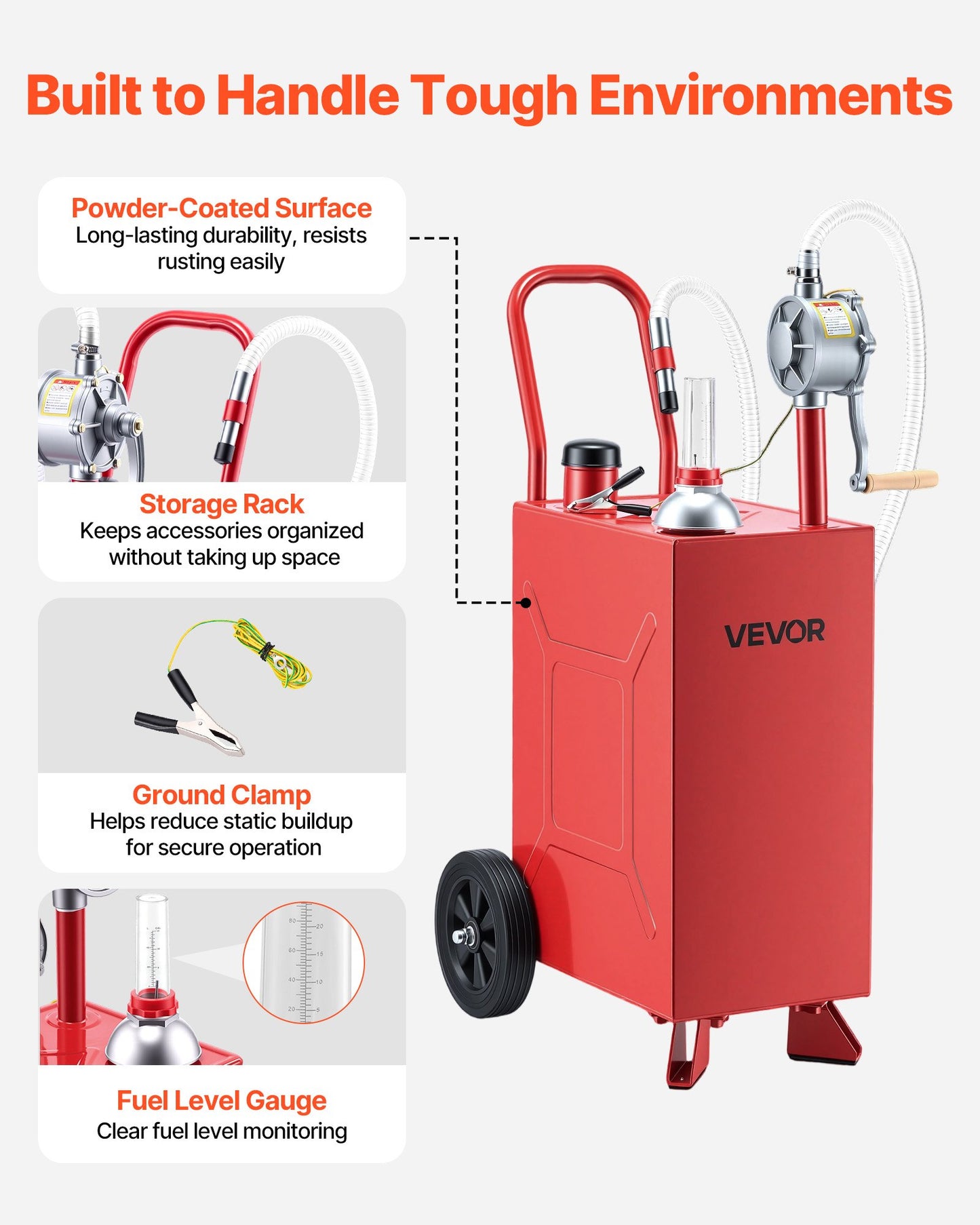 56.8L Fuel Gas Caddy, Carbon Steel, Portable Fuel Transfer Storage Tank with Manual Pump & Rolling Wheels, Gasoline Diesel Can Container, for Cars, Lawn Mowers, ATVs, Boats, Motorcycles, Red