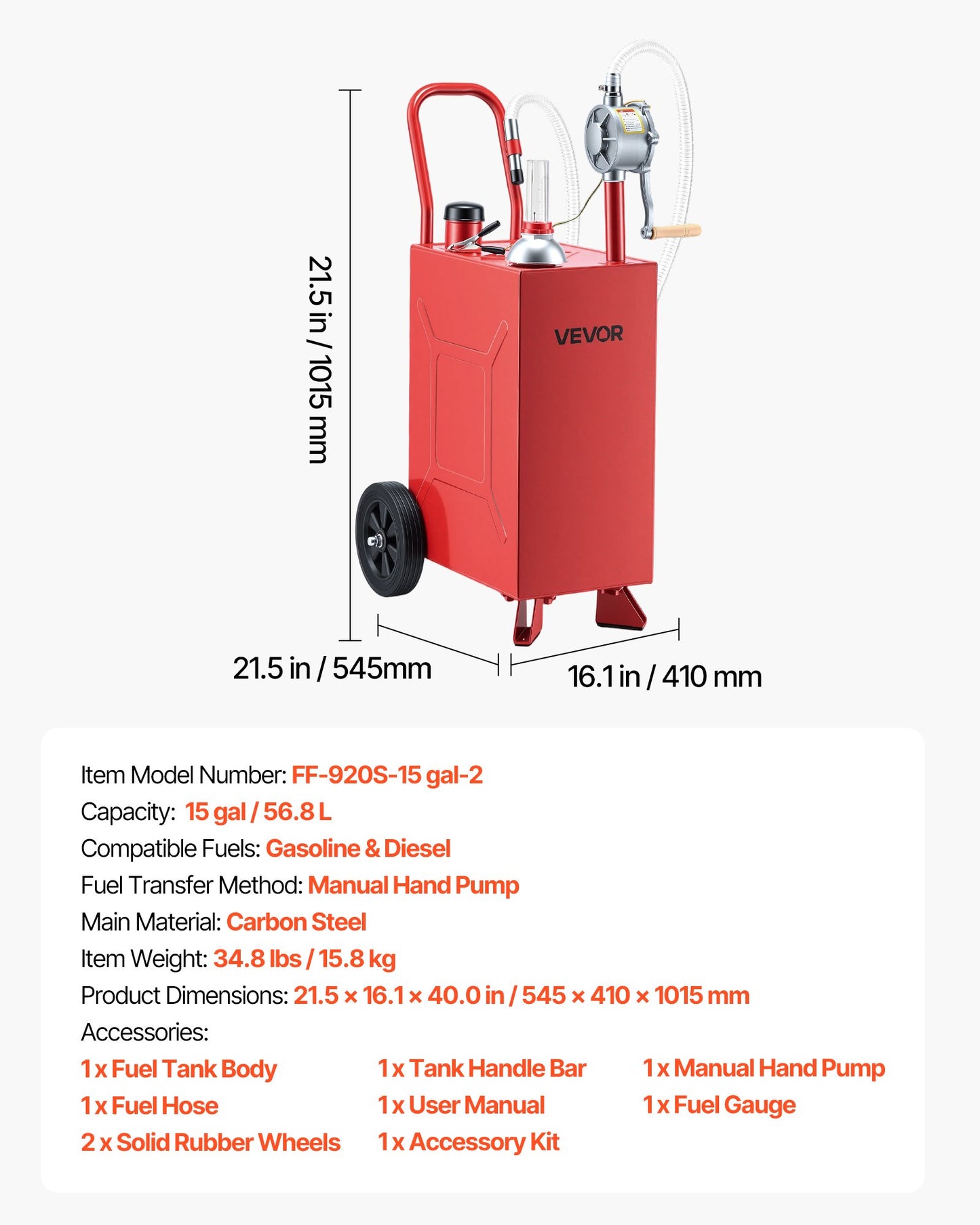 56.8L Fuel Gas Caddy, Carbon Steel, Portable Fuel Transfer Storage Tank with Manual Pump & Rolling Wheels, Gasoline Diesel Can Container, for Cars, Lawn Mowers, ATVs, Boats, Motorcycles, Red