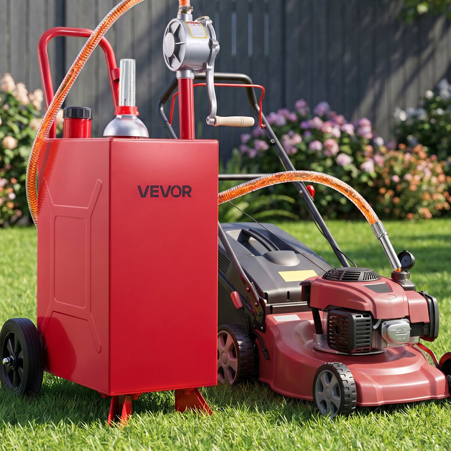 56.8L Fuel Gas Caddy, Carbon Steel, Portable Fuel Transfer Storage Tank with Manual Pump & Rolling Wheels, Gasoline Diesel Can Container, for Cars, Lawn Mowers, ATVs, Boats, Motorcycles, Red