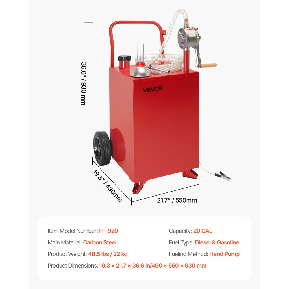 VEVOR 20 Gallon Fuel Caddy Gasoline & Diesel Fuel Tank with Manual Pump Red