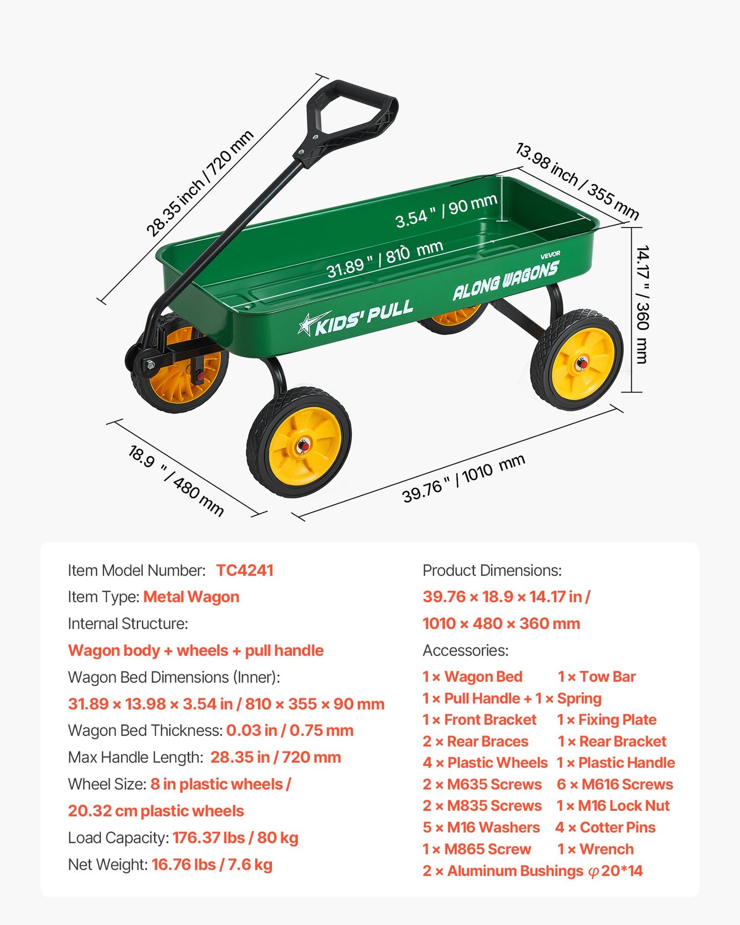Pull-Along Wagon for Kids, 101 cm Toddler Wagons, Supports up to 80kg, All-Terrain Wagons with Handle, Utility Wagon Cart Birthday Present for Kids Gardening Beach Camping, Green