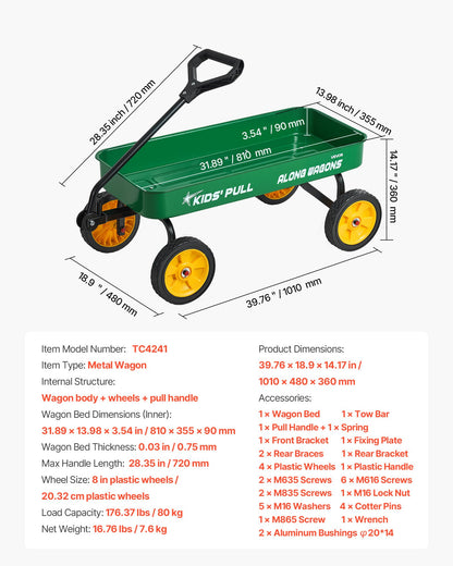 Pull-Along Wagon for Kids, 101 cm Toddler Wagons, Supports up to 80kg, All-Terrain Wagons with Handle, Utility Wagon Cart Birthday Present for Kids Gardening Beach Camping, Green