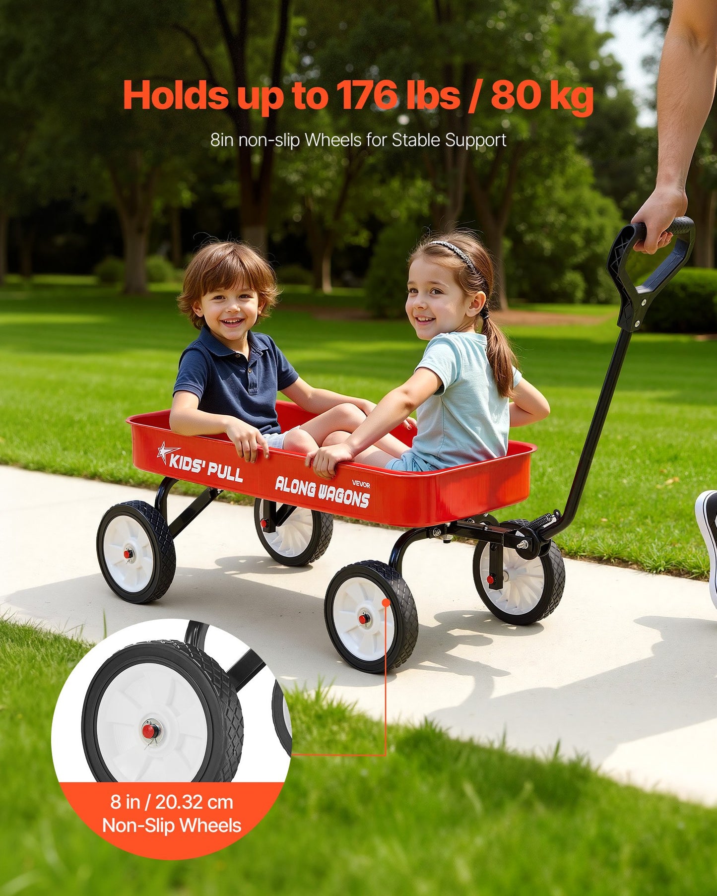 Pull-Along Wagon for Kids, 101 cm Toddler Wagons, Supports up to 80kg, All-Terrain Wagons with Handle, Utility Wagon Cart Birthday Present for Kids Gardening Beach Camping, Red