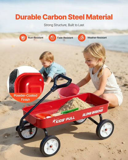Pull-Along Wagon for Kids, 101 cm Toddler Wagons, Supports up to 80kg, All-Terrain Wagons with Handle, Utility Wagon Cart Birthday Present for Kids Gardening Beach Camping, Red