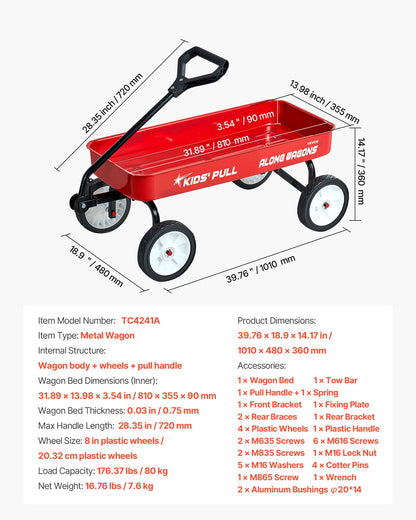 Pull-Along Wagon for Kids, 101 cm Toddler Wagons, Supports up to 80kg, All-Terrain Wagons with Handle, Utility Wagon Cart Birthday Present for Kids Gardening Beach Camping, Red