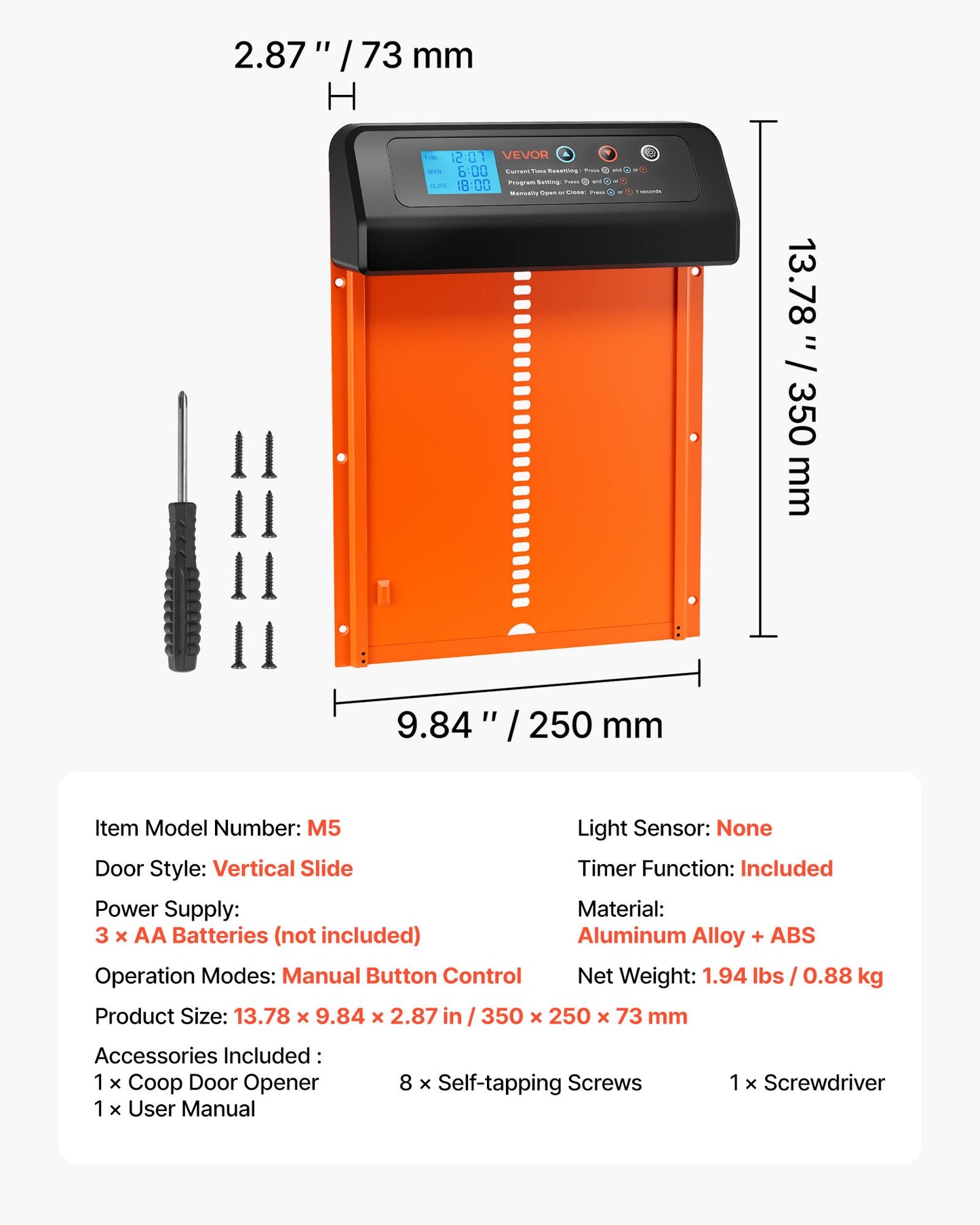 Automatic Chicken Coop Door, Battery Powered Chicken Coop Door with Timer & Manual Setting, Anti-Pinch Security, Durable Aluminum Alloy, Chick Run Gate Opener with Waterproof Sealing, Orange