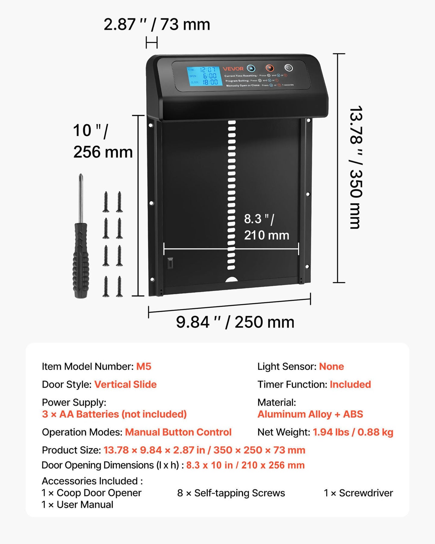 Automatic Chicken Coop Door, Battery Powered Chicken Coop Door with Timer & Manual Setting, Anti-Pinch Security, Durable Aluminum Alloy, Auto Chick Run Gate Opener with Waterproof Sealing, Black