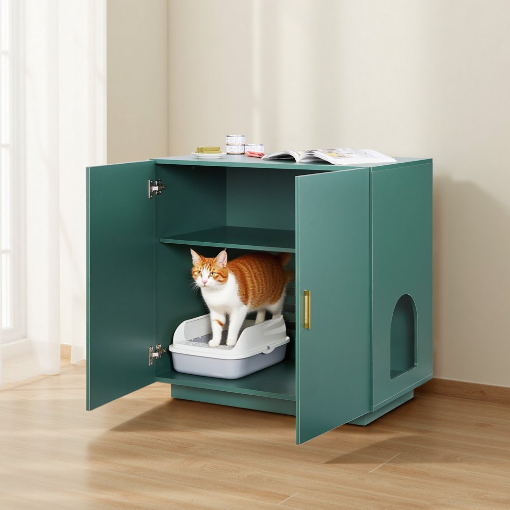 Cat Litter Box Enclosure, 80 cm Hidden Litter Box Cabinet, Wooden Indoor Cat Washroom with Ventilated Holes, Double-Door