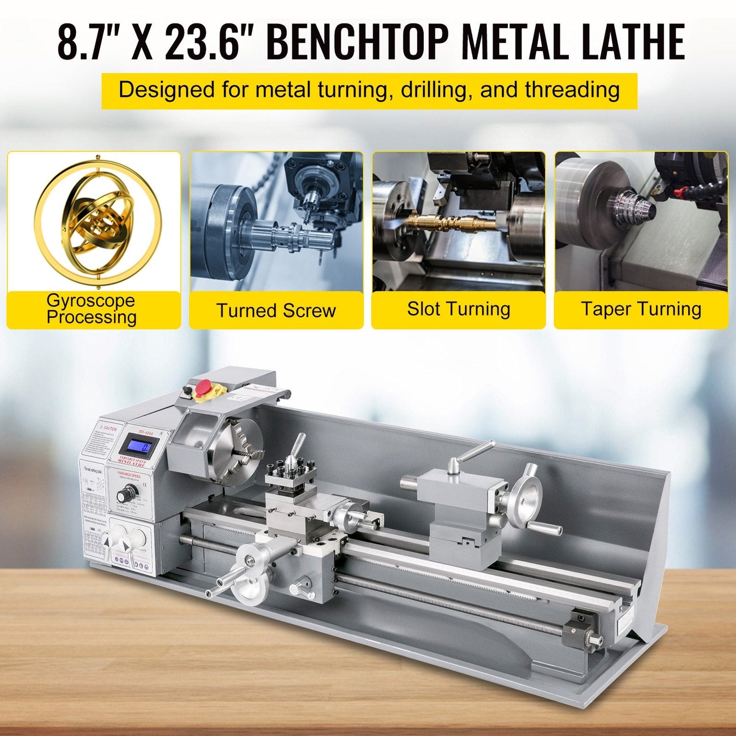 Compact Bench Metal Lathe 0.22x0.6m with 1100W Brushless Motor, Variable Speed