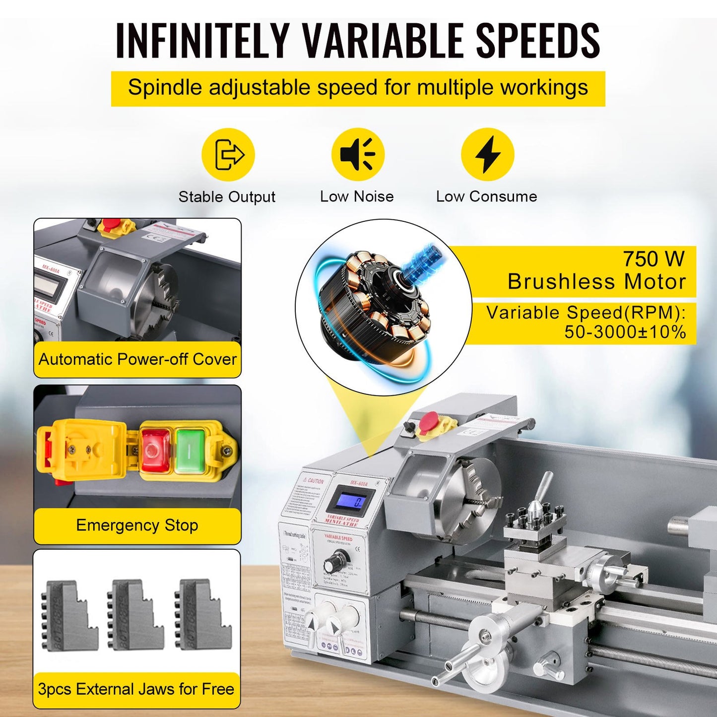VEVOR Mini Metal Lathe Bench Top 220x600 1100W for Turning Brushless Motor Metal