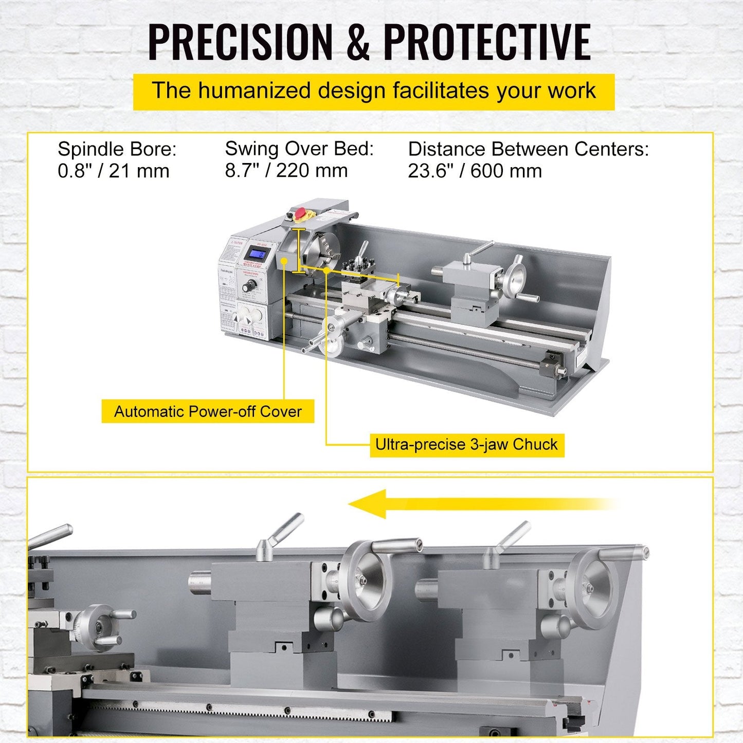 Compact Bench Metal Lathe 0.22x0.6m with 1100W Brushless Motor, Variable Speed