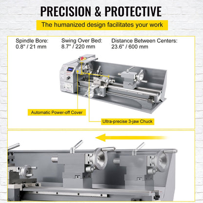 Compact Bench Metal Lathe 0.22x0.6m with 1100W Brushless Motor, Variable Speed