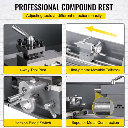 Compact Bench Metal Lathe 0.22x0.6m with 1100W Brushless Motor, Variable Speed