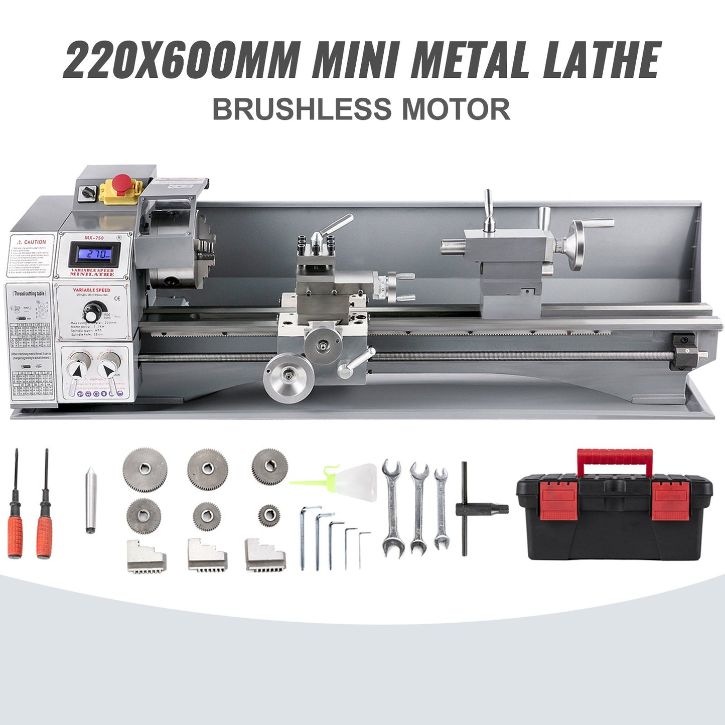 VEVOR Mini Metal Lathe Bench Top 220x600 1100W for Turning Brushless Motor Metal