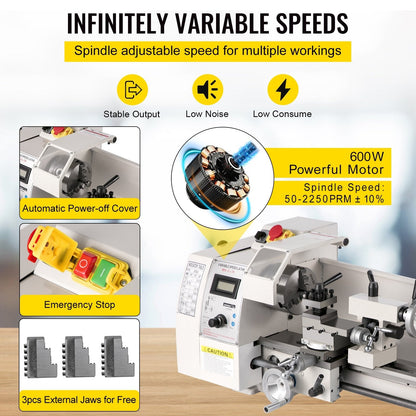 Mini Metal Lathe 0.2x0.35m, 2250 RPM Variable Speed, Precision Machine 650W