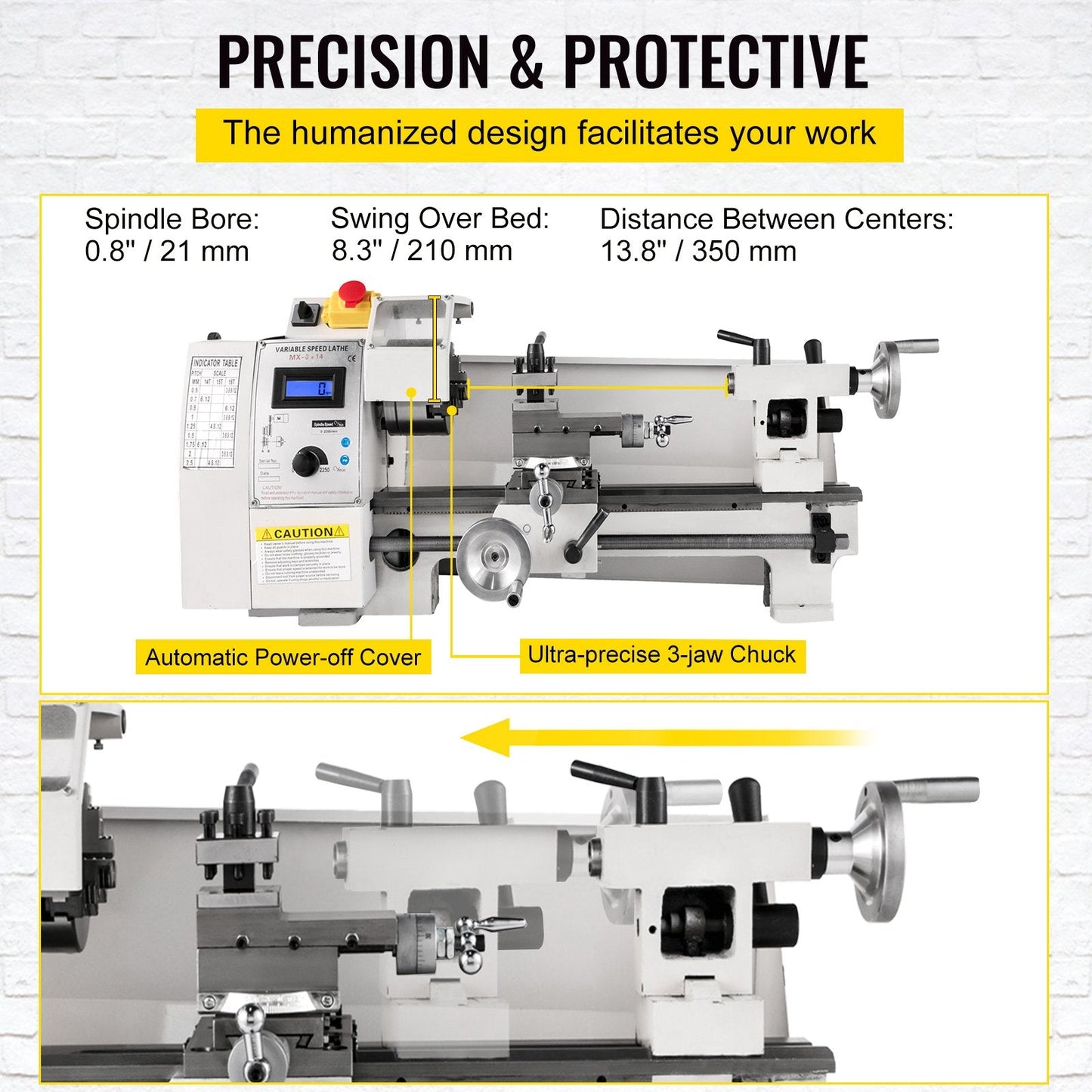 Mini Metal Lathe 0.2x0.35m, 2250 RPM Variable Speed, Precision Machine 650W