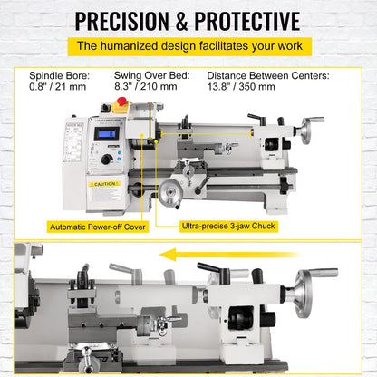 Mini Metal Lathe 0.2x0.35m, 2250 RPM Variable Speed, Precision Machine 650W