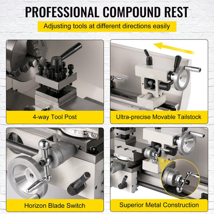 Mini Metal Lathe 0.2x0.35m, 2250 RPM Variable Speed, Precision Machine 650W